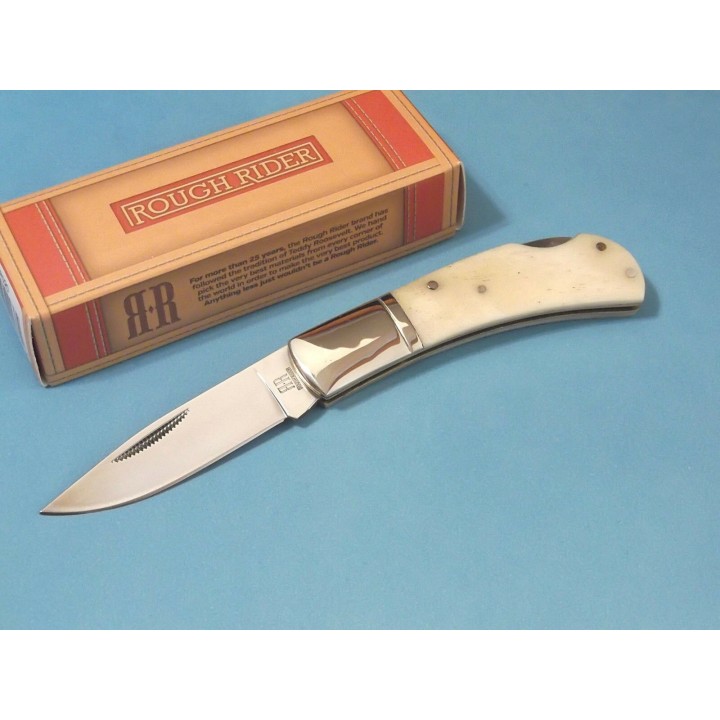 RR020 Couteau Rough Rider Manche Os Blanc Lame Acier 440 Locback - Livraison Gratuite