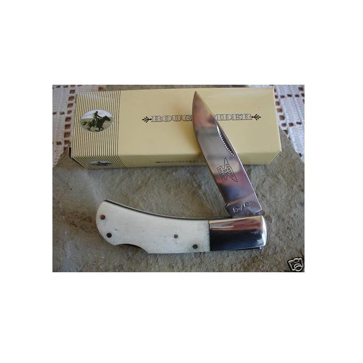 RR020 Couteau Rough Rider Manche Os Blanc Lame Acier 440 Locback - Livraison Gratuite