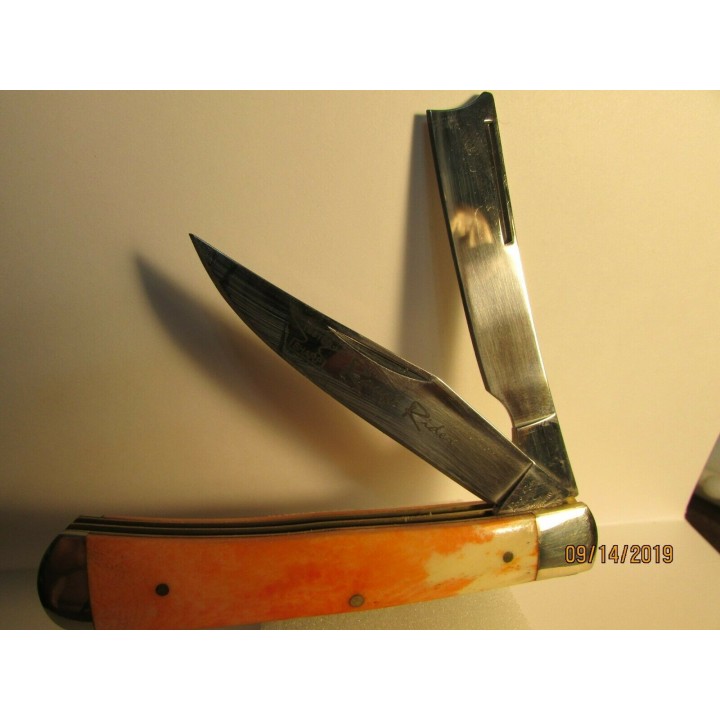 RR073 Couteau Rough Rider Razor Trapper Orange Lame Acier 440 Manche Os - Livraison Gratuite