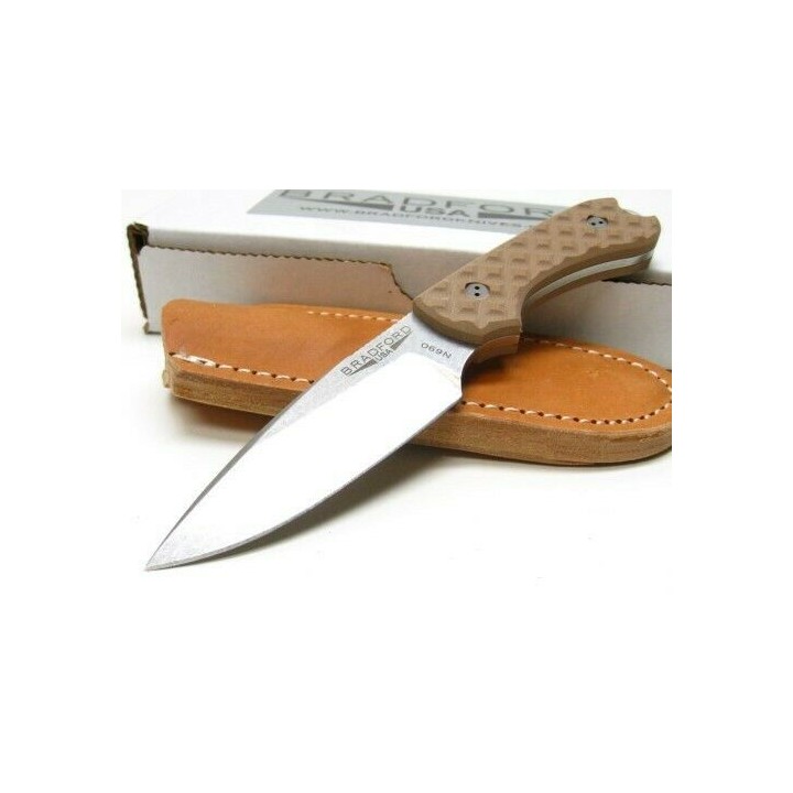 BRAD03 Couteau Bradford Knives Guardian 3 Lame Acier N690 Manche G-10 Brown Etui Cuir Made USA - Livraison Gratuite
