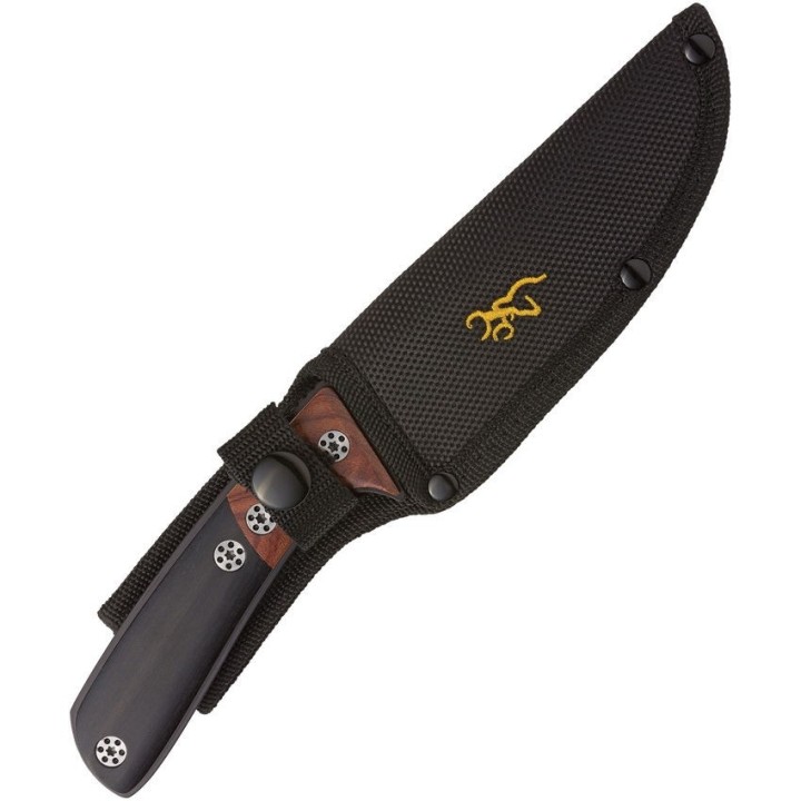 Couteau Bushcraft Browning Lame Acier 3Cr13 Manche Bois Black/Brown Etui Nylon BR0372 - Livraison Gratuite