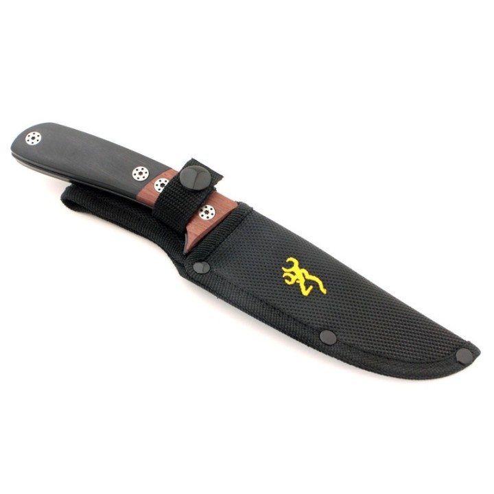 Couteau Bushcraft Browning Lame Acier 3Cr13 Manche Bois Black/Brown Etui Nylon BR0372 - Livraison Gratuite
