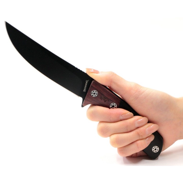 Couteau Bushcraft Browning Lame Acier 3Cr13 Manche Bois Black/Brown Etui Nylon BR0372 - Livraison Gratuite