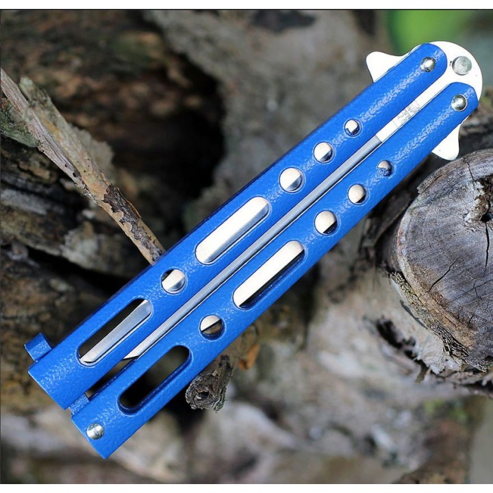 Couteau Papillon Ballisong Butterfly Blue Lame Acier 440 Manche Zinc Made In USA Bear & Son BC117BL - Livraison Gratuite