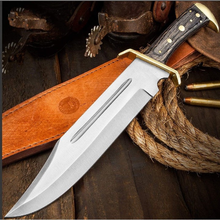 PA3349 Couteau de Chasse Bowie Lame Acier Inox Manche Bois Etui Cuir - Livraison Gratuite