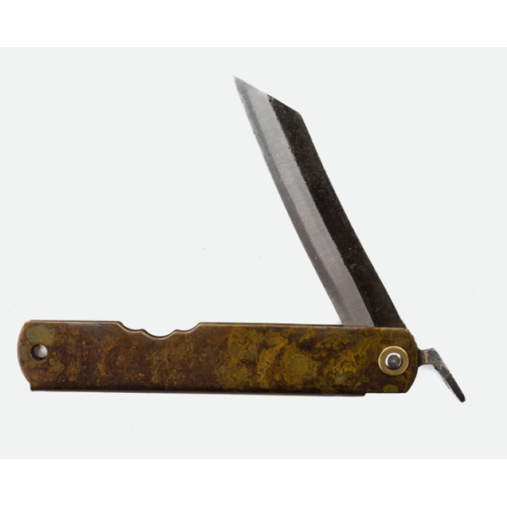 Couteau Higonokami Koriwa Brown Lame Blue Paper Manche Laiton Made Japan HIGO151 - Livraison Gratuite