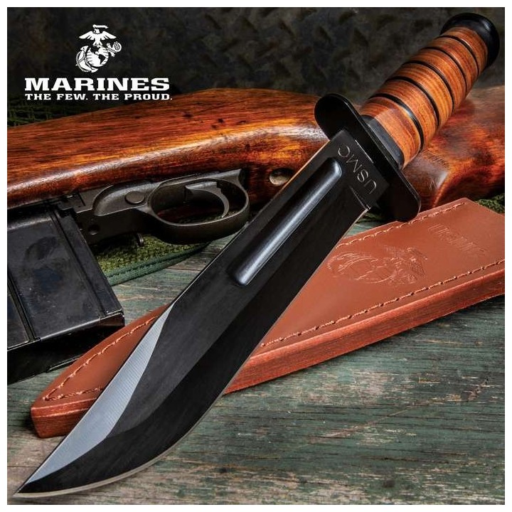 Couteau Marines USMC Combat Fighting Lame Acier 420 Manche Cuir Etui Cuir UC3092 - Livraison Gratuite