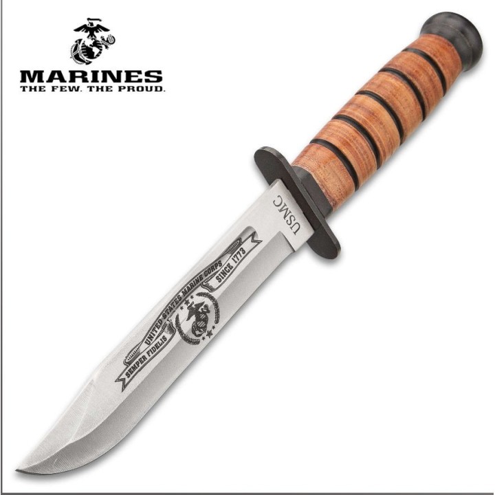 Couteau Marines USMC Combat Fighting Lame Acier Inox Manche Cuir Etui Cuir UC3369 - Livraison Gratuite