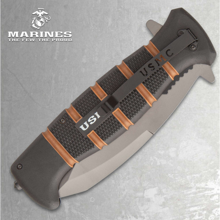 Couteau Géant United Cutlery USMC Maximum A/O Lame Acier 3Cr13/Titane Manche TPR Linerlock Clip UC3406 - Livraison Gratuite