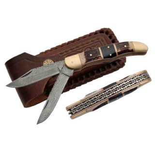 DM1041 Couteau Damas 2 Lames 128 Couches Manche Bois de Cerf/Bois Etui Cuir - Livraison Gratuite