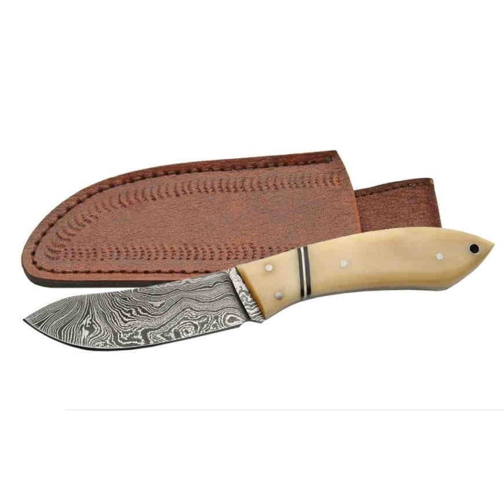 Couteau Damas Skinner Lame Acier 256 Couches Manche Os Etui Cuir DM1073BO - Livraison Gratuite