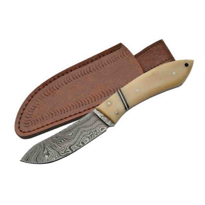 Couteau Damas Skinner Lame Acier 256 Couches Manche Os Etui Cuir DM1073BO - Livraison Gratuite