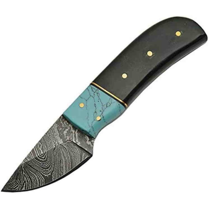 Couteau Damas Lame 256 Couches Manche Corne & Turquoise Etui Cuir DM1146HN - Livraison Gratuite
