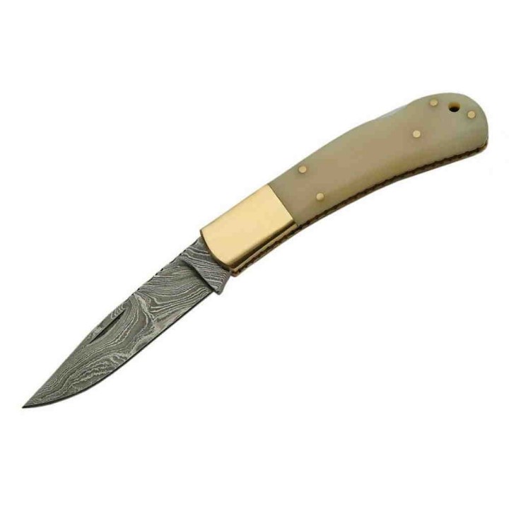 Couteau Damas Pliant Lame 128 Couches Manche Os Beau Guillochage Lockback DM1167 - Livraison Gratuite