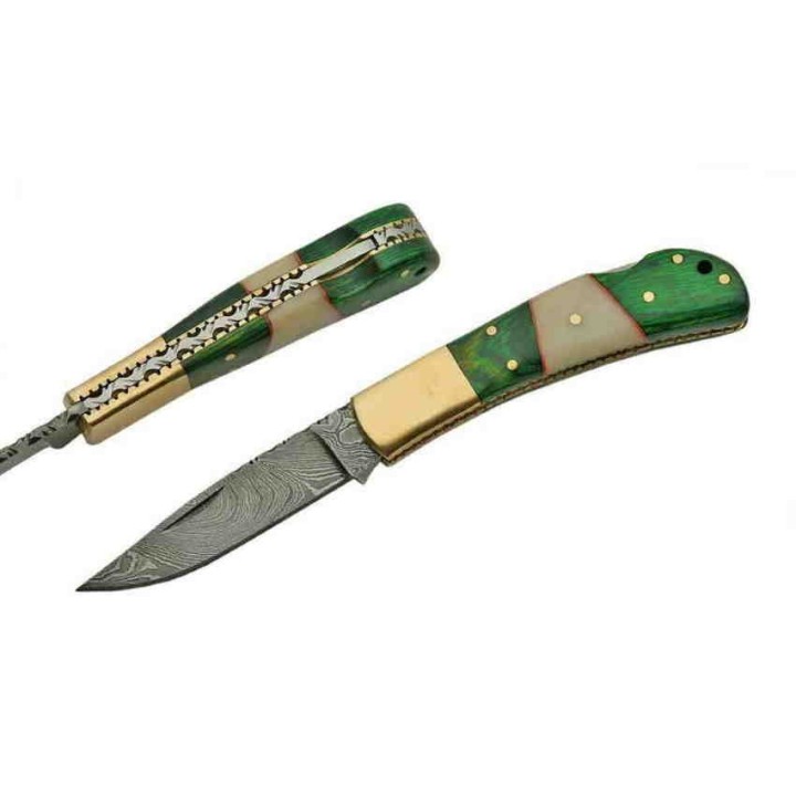 Couteau Damas Pliant Lame 128 Couches Manche Os/Bois Beau Guillochage Lockback DM1169 - Livraison Gratuite