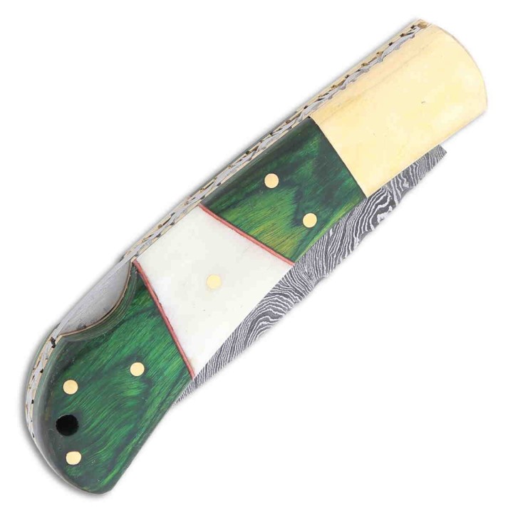 Couteau Damas Pliant Lame 128 Couches Manche Os/Bois Beau Guillochage Lockback DM1169 - Livraison Gratuite
