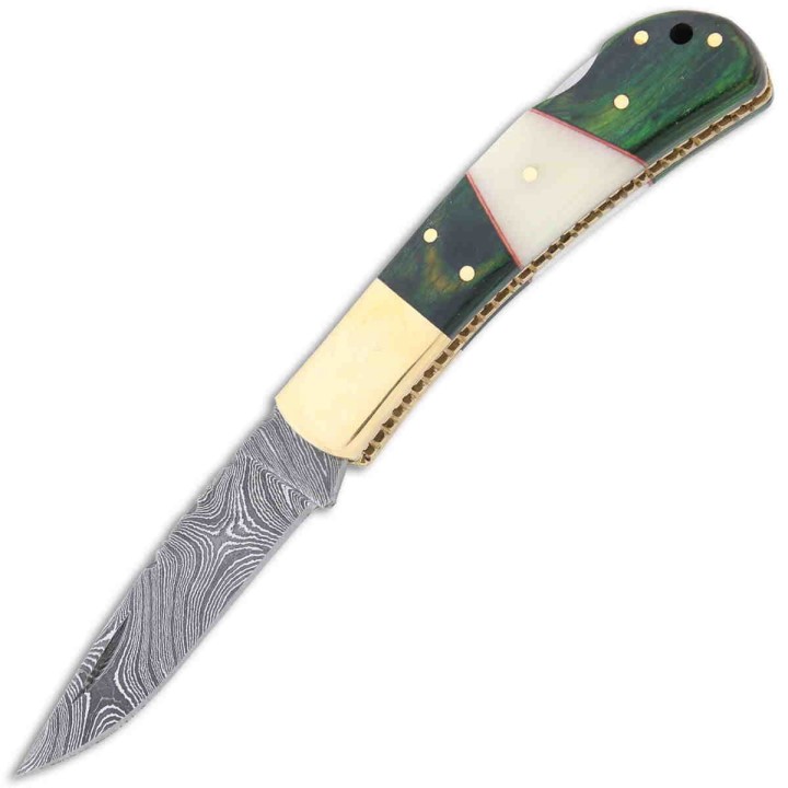 Couteau Damas Pliant Lame 128 Couches Manche Os/Bois Beau Guillochage Lockback DM1169 - Livraison Gratuite