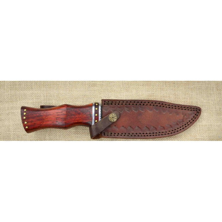 Couteau Damas Bowie Rosewood Lame 256 Couches Manche Bois Etui Cuir DM1170 - Livraison Gratuite