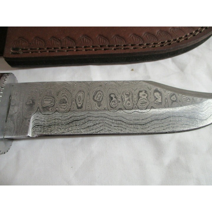 Couteau Damas Bowie Rosewood Lame 256 Couches Manche Bois Etui Cuir DM1170 - Livraison Gratuite