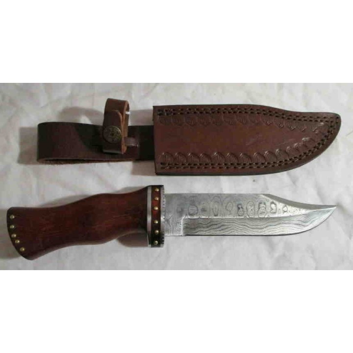 Couteau Damas Bowie Rosewood Lame 256 Couches Manche Bois Etui Cuir DM1170 - Livraison Gratuite