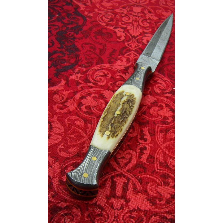 Couteau Dague Damas Lame 256 Couches Manche Os Cerfé Etui Cuir DM1178 - Livraison Gratuite