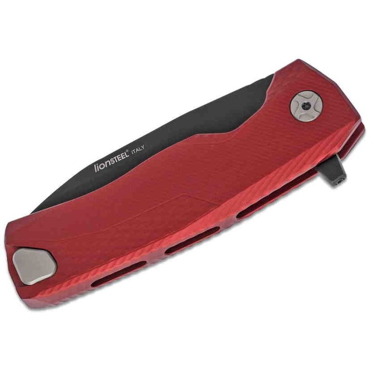 Couteau LionSteel ROK Red Lame Acier M390 Manche Aluminium Sécurité Rotoblock Clip LSTROKARB - Livraison Gratuite