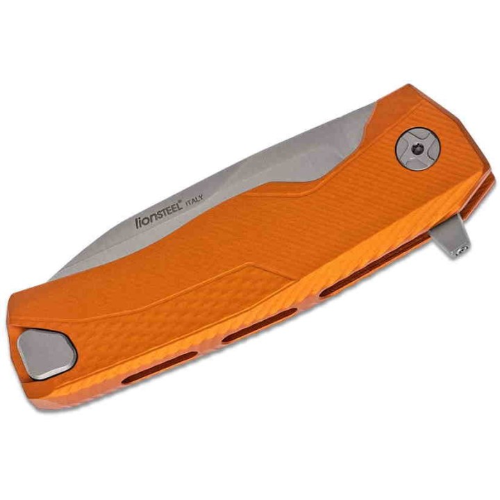 Couteau LionSteel ROK Orange Lame Acier M390 Manche Aluminium Sécurité Rotoblock Clip LSTROKAOS - Livraison Gratuite