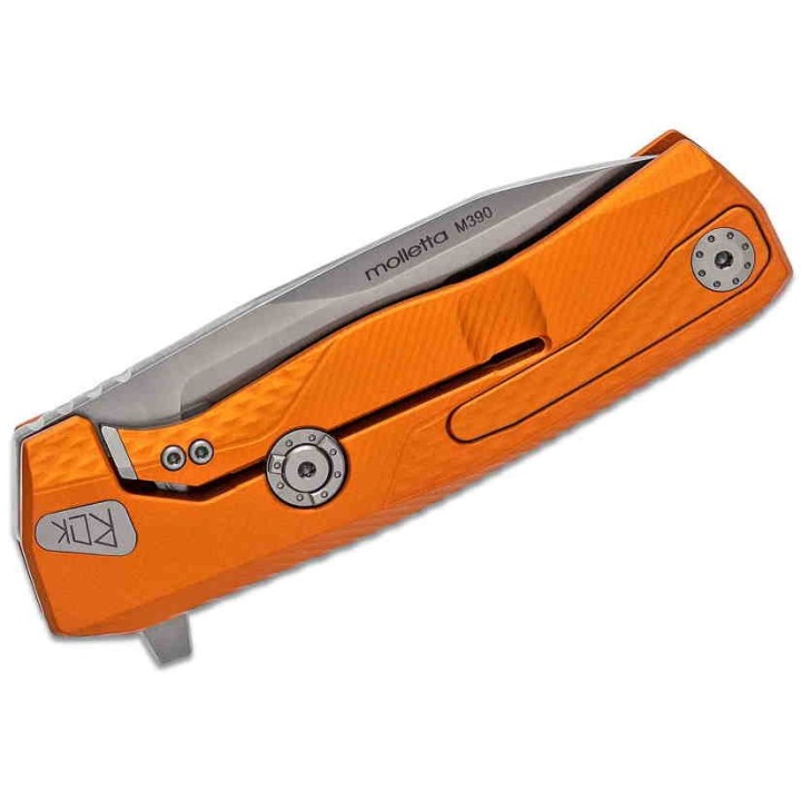 Couteau LionSteel ROK Orange Lame Acier M390 Manche Aluminium Sécurité Rotoblock Clip LSTROKAOS - Livraison Gratuite