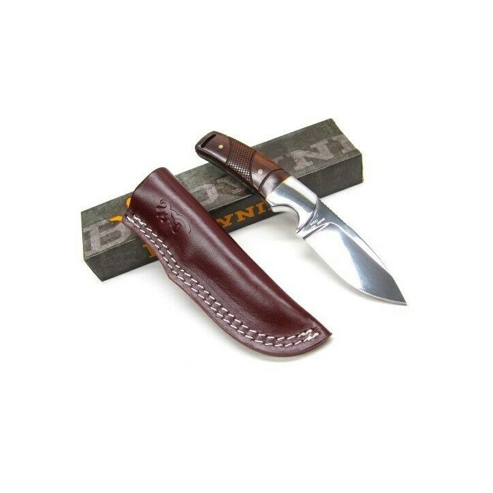 Couteau De Chasse Bushcraft Browning Fixed Blade Cocobolo Acier Inox Manche Bois Etui Cuir BR0229 - Livraison Gratuite