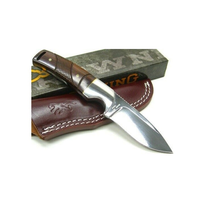 Couteau De Chasse Bushcraft Browning Fixed Blade Cocobolo Acier Inox Manche Bois Etui Cuir BR0229 - Livraison Gratuite