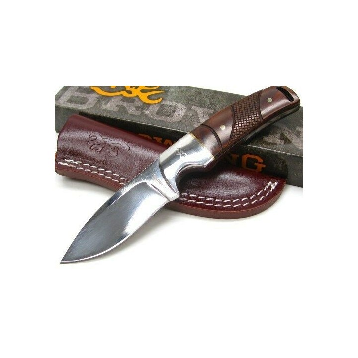 Couteau De Chasse Bushcraft Browning Fixed Blade Cocobolo Acier Inox Manche Bois Etui Cuir BR0229 - Livraison Gratuite