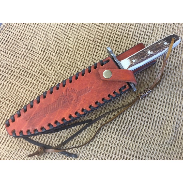 Couteau Bowie Damas Lame 256 Couches Manche Os Cerfé Etui Cuir Old Forge OF041 - Livraison Gratuite