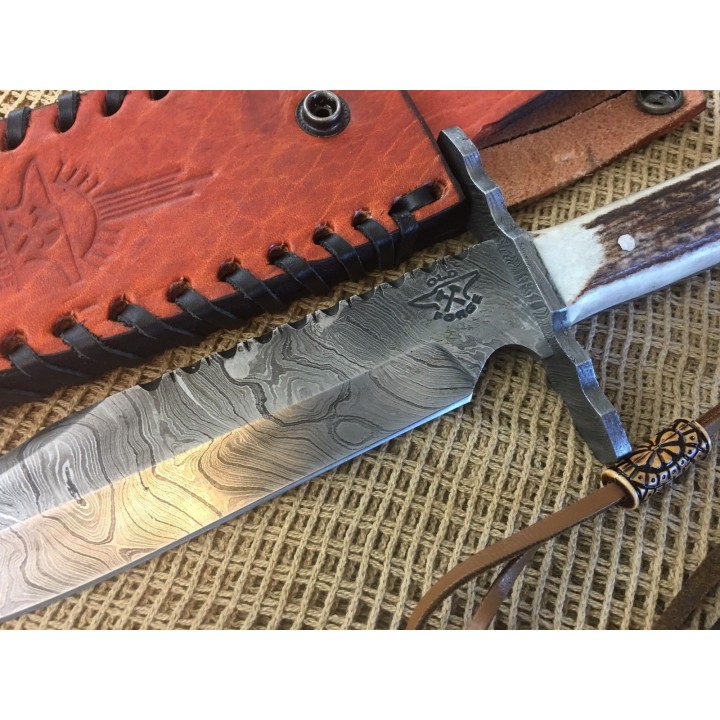 Couteau Bowie Damas Lame 256 Couches Manche Os Cerfé Etui Cuir Old Forge OF041 - Livraison Gratuite