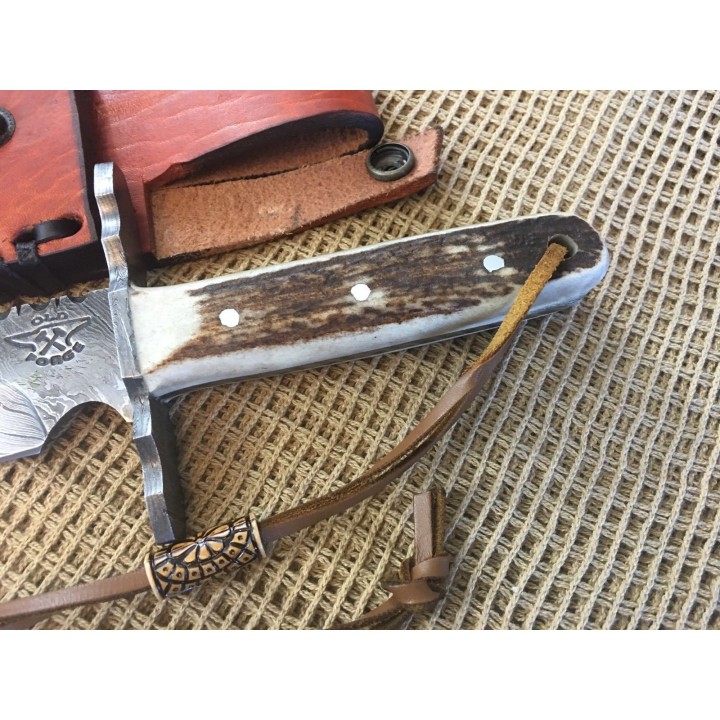 Couteau Bowie Damas Lame 256 Couches Manche Os Cerfé Etui Cuir Old Forge OF041 - Livraison Gratuite