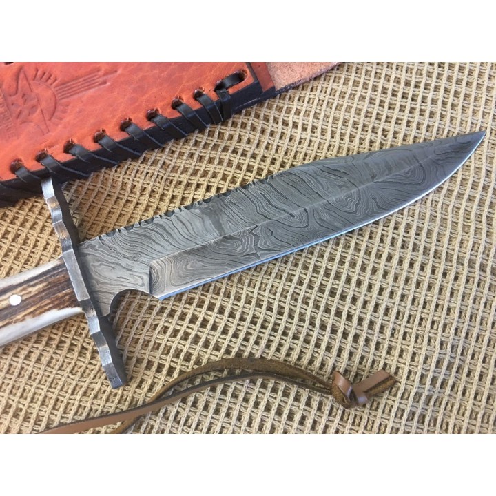 Couteau Bowie Damas Lame 256 Couches Manche Os Cerfé Etui Cuir Old Forge OF041 - Livraison Gratuite