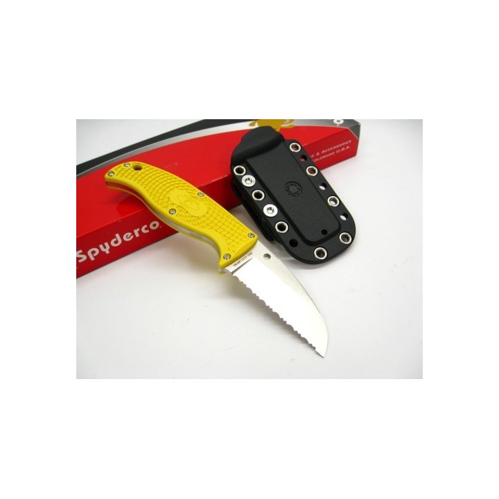 Couteau Spyderco Enuff Salt Yellow Lame Acier H-1 Serrated Manche FRN Etui Polymer Made In Japan SCFB31SYL - Livraison Gratuite