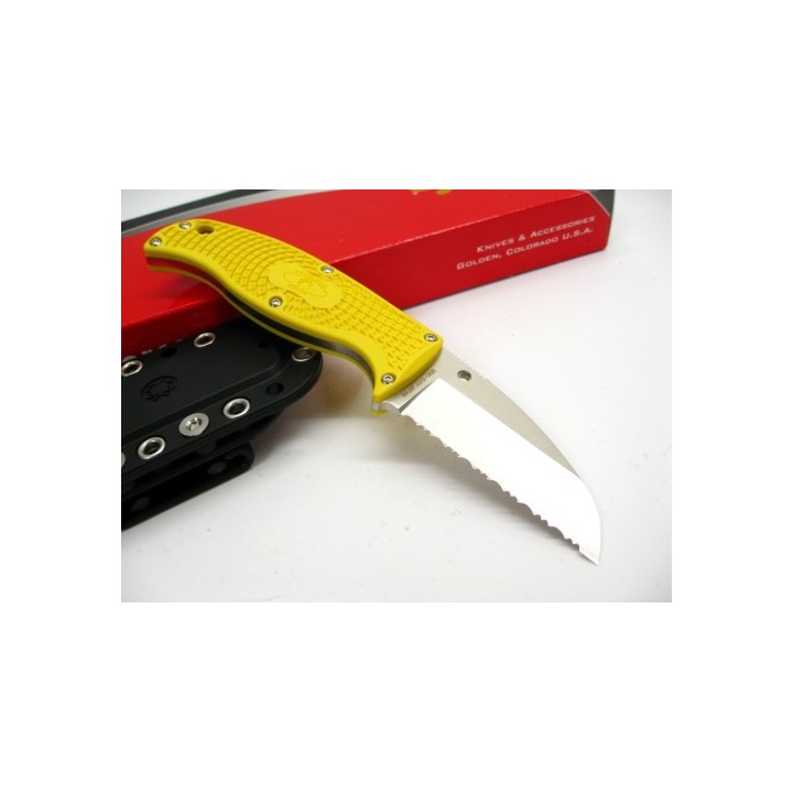 Couteau Spyderco Enuff Salt Yellow Lame Acier H-1 Serrated Manche FRN Etui Polymer Made In Japan SCFB31SYL - Livraison Gratuite