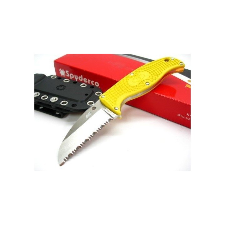 Couteau Spyderco Enuff Salt Yellow Lame Acier H-1 Serrated Manche FRN Etui Polymer Made In Japan SCFB31SYL - Livraison Gratuite