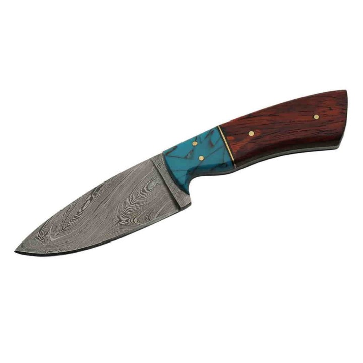 Couteau Damas Lame Acier 256 Couches Manche Bois/Turquoise Etui Cuir DM1187 - Livraison Gratuite