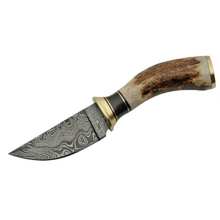 Couteau Damas Lame Acier 256 Couches Manche Os Cerfé Etui Cuir DM1188 - Livraison Gratuite