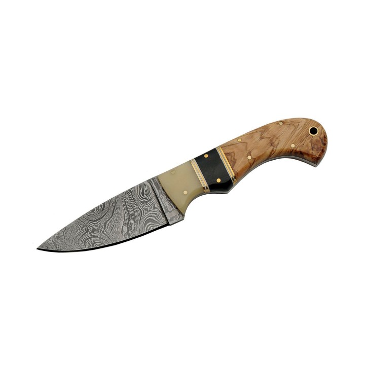 DM1192 Couteau Skinner Damas 256 Couches Manche Corne/Os/Bois Etui Cuir - Livraison Gratuite