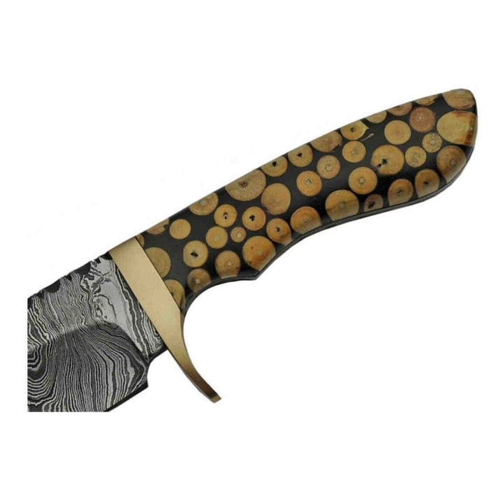 DM1210 Couteau Damas Knotted Wood Damas 256 Couches Manche Bois Etui Cuir - Livraison Gratuite