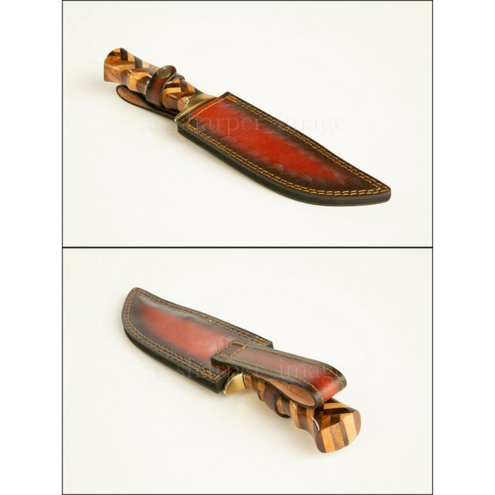 DM1220 Couteau de Chasse Damas 256 Couches Manche Bois Olivier/Noyer Etui Cuir - Livraison Gratuite