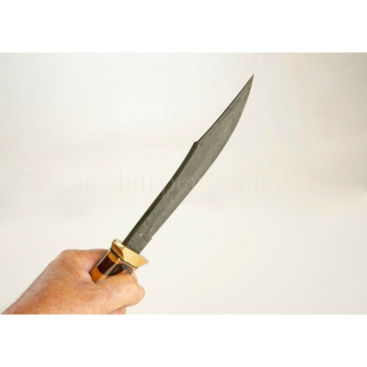 DM1220 Couteau de Chasse Damas 256 Couches Manche Bois Olivier/Noyer Etui Cuir - Livraison Gratuite