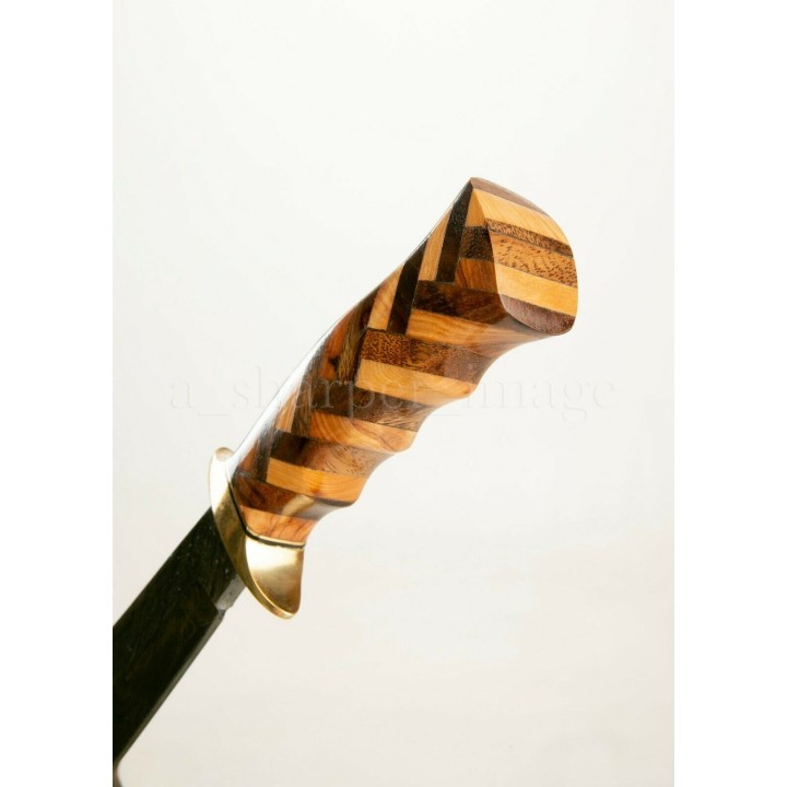 DM1220 Couteau de Chasse Damas 256 Couches Manche Bois Olivier/Noyer Etui Cuir - Livraison Gratuite