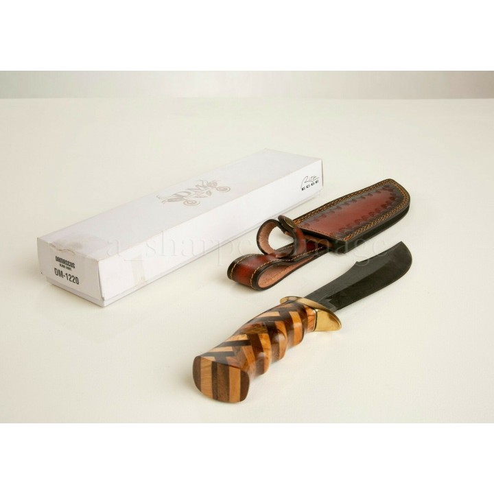 DM1220 Couteau de Chasse Damas 256 Couches Manche Bois Olivier/Noyer Etui Cuir - Livraison Gratuite