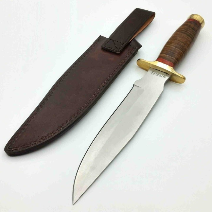 Couteau Bowie Marbles Stacked Leather Lame Acier Inox Manche Cuir Etui Cuir MR577 - Livraison Gratuite