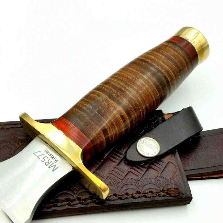 Couteau Bowie Marbles Stacked Leather Lame Acier Inox Manche Cuir Etui Cuir MR577 - Livraison Gratuite