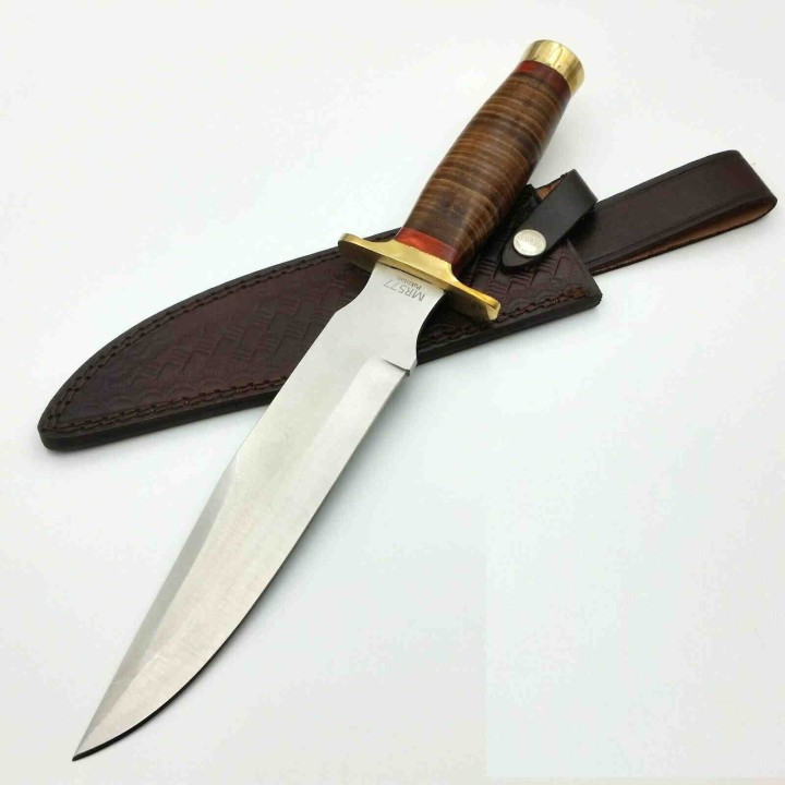 Couteau Bowie Marbles Stacked Leather Lame Acier Inox Manche Cuir Etui Cuir MR577 - Livraison Gratuite