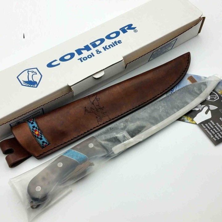 Couteau Condor Blue River Machete Lame Carbone 1075 Manche Bois/Turquoise Etui Cuir CTK282710HC - Livraison Gratuite